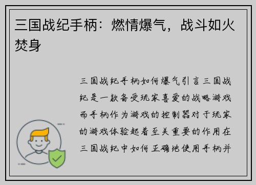 三国战纪手柄：燃情爆气，战斗如火焚身